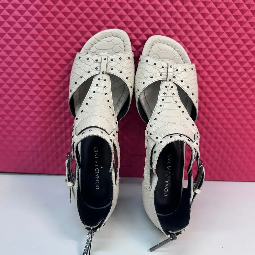 Donald J Pliner Cream Snake Embossed Studded Wedge Sandals Size 8M